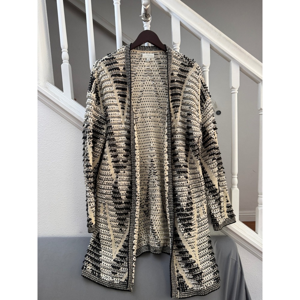 Lucky Brand Womens Cream Black Geometric Knit Longline Open Front Cardigan L